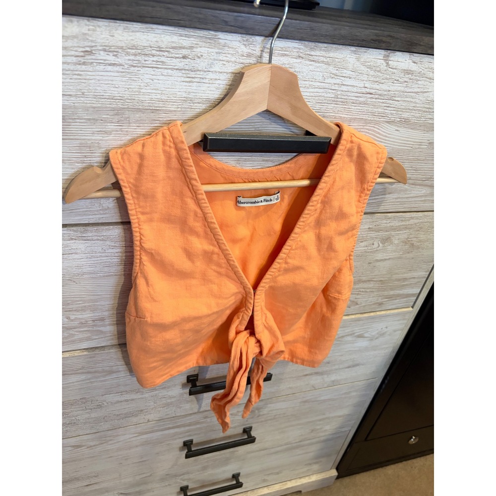 Abercrombie & Fitch Orange Linen Blend Tie Front Crop Top Vest Womens Small - Picture 7 of 7